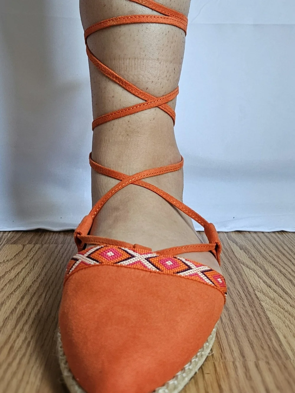 Nine West Women's Orange Suede Espadrille Flats Lace Up Pointed Toe Size 8.5